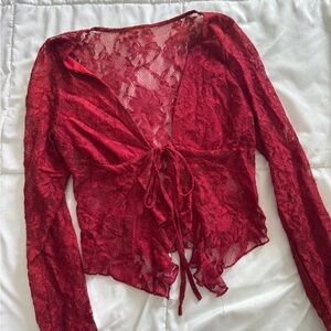 Amazon Red Lace Tie-Front Blouse